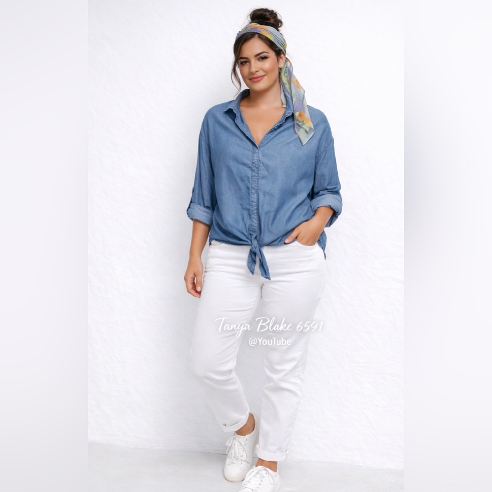 Chambray Tie Front Shirt & Floral Scarf Set Style & Co Petite M Boho